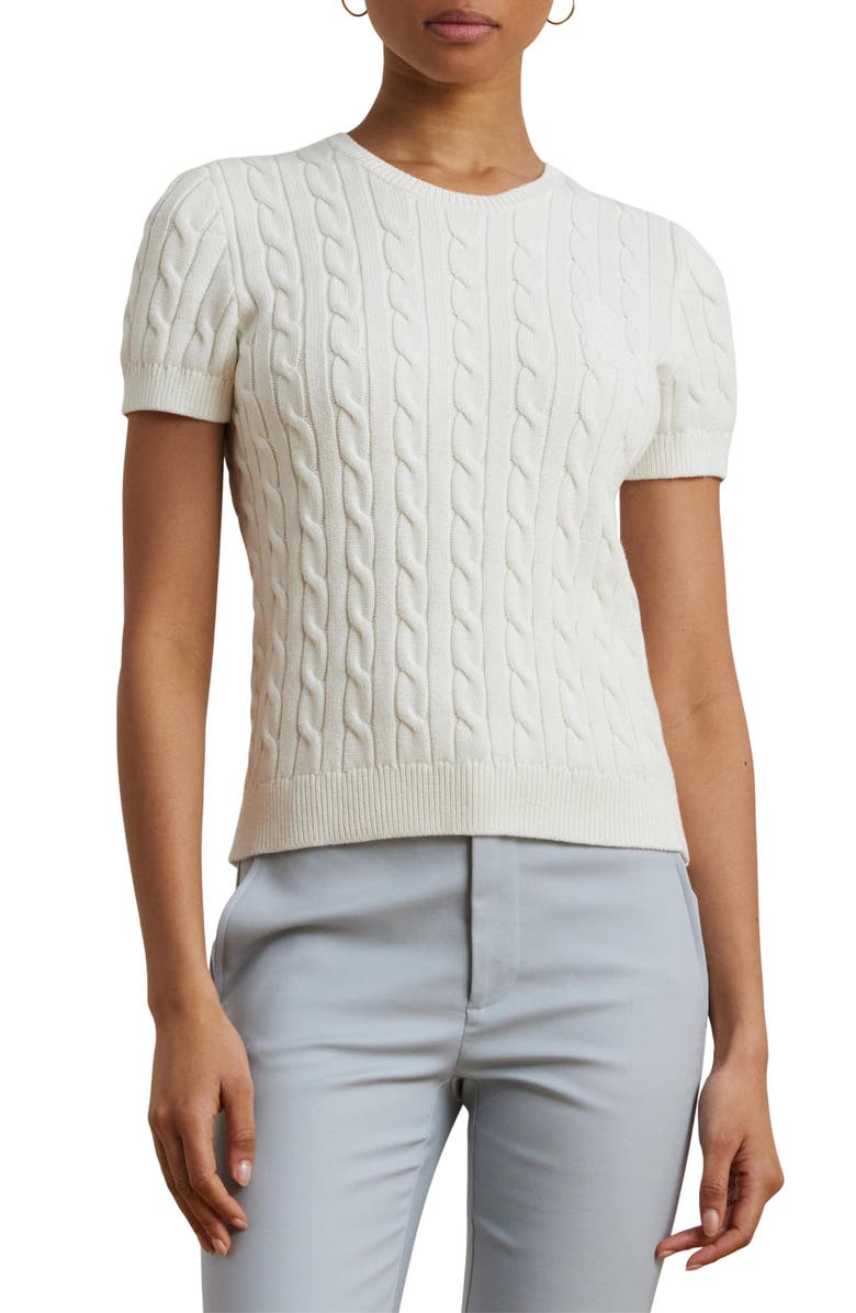 Lauren Ralph Lauren Cable Stitch Short Sleeve Cotton Sweater, Main, color,