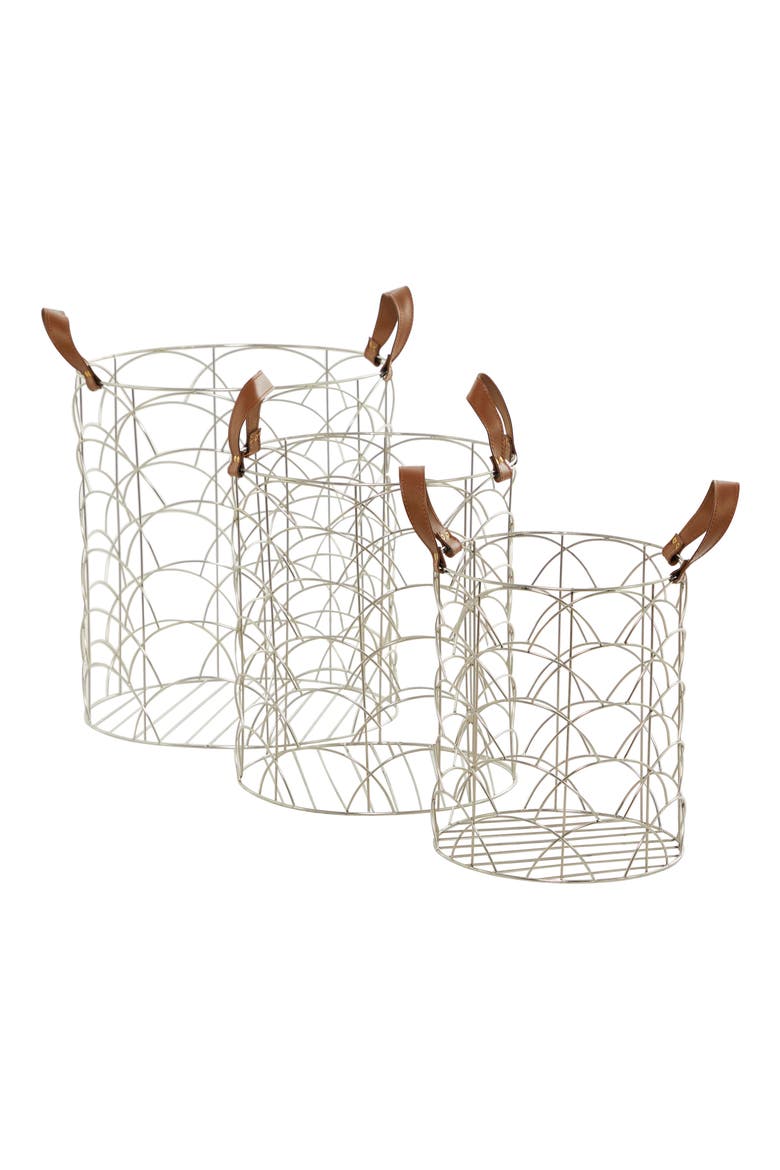 Silvertone Metal Glam Storage Basket with Faux Leather Handles - Set of 3, Main, color, SILVER