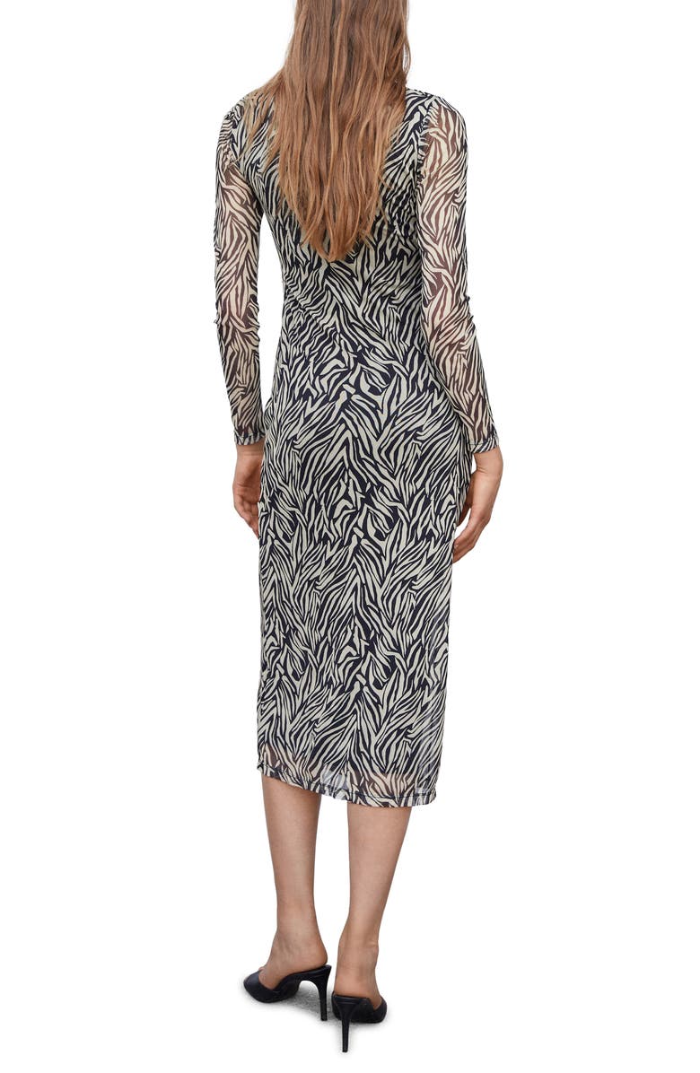 MANGO Zebra Print Long Sleeve Mesh Midi Dress, Alternate, color,
