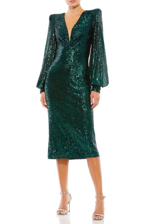 Sequined Structured Bishop Sleeve Midi Dress