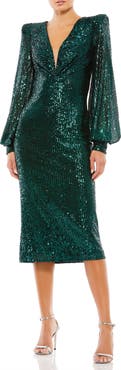 Mac Duggal Sequined Structured Bishop Sleeve Midi Dress