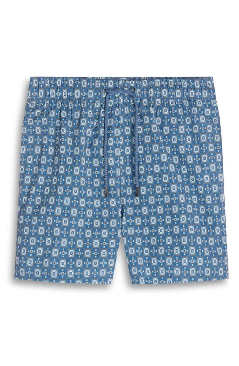 Bugatchi Cruz Print Swim Trunks, Alternate, color, Peacock