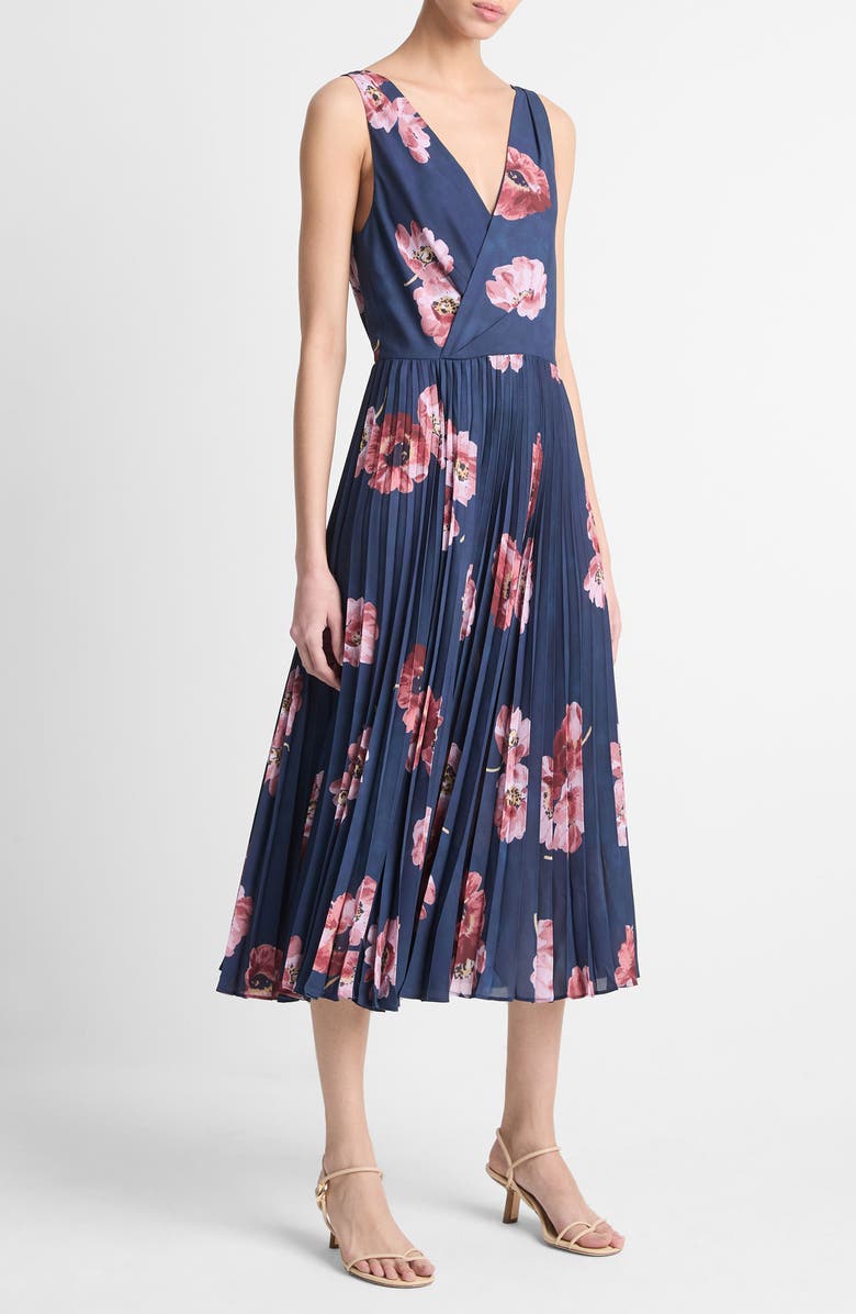 Vince Painted Poppy Pleated Midi Dress, Alternate, color, Marine Night