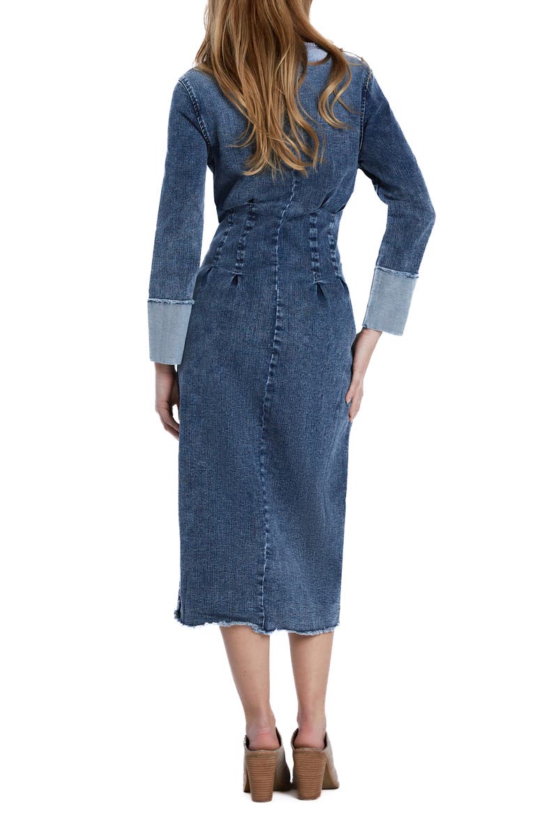 Corset Long Sleeve Denim Midi Dress, Alternate, color, HANNAH BLUE