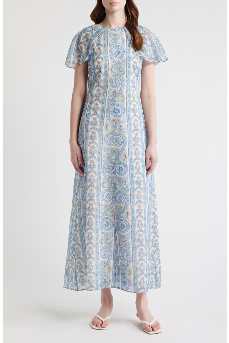Davina Capelet Sleeve Cotton & Silk Maxi Dress, Main, color, CORSICA PAISLEY BLUE