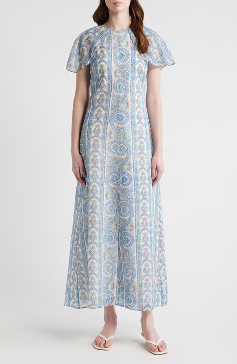 Davina Capelet Sleeve Cotton & Silk Maxi Dress
