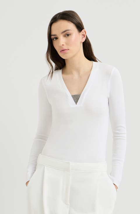 Stretch cotton ribbed jersey top with precious insert