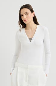 Brunello Cucinelli Stretch cotton ribbed jersey top with precious insert