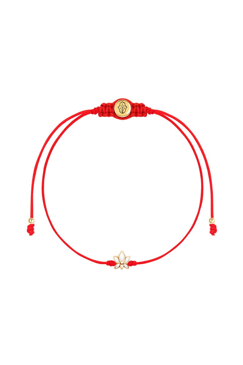 White Enamel Lotus Red String Women's Charm Bracelet - Innocent Guardian, Main, color, Red, gold, white