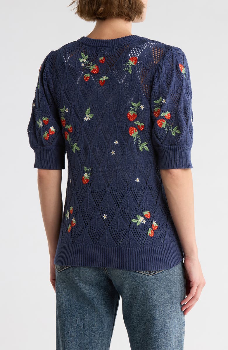 Driftwood Strawberry Embroidered Puff Sleeve Cotton Cardigan, Alternate, color, Navy
