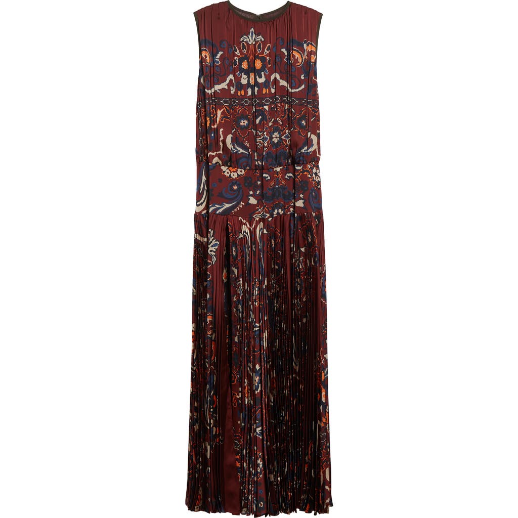 Sacai Floral Sleeveless Gathered & Pleated Dress In Burgundy