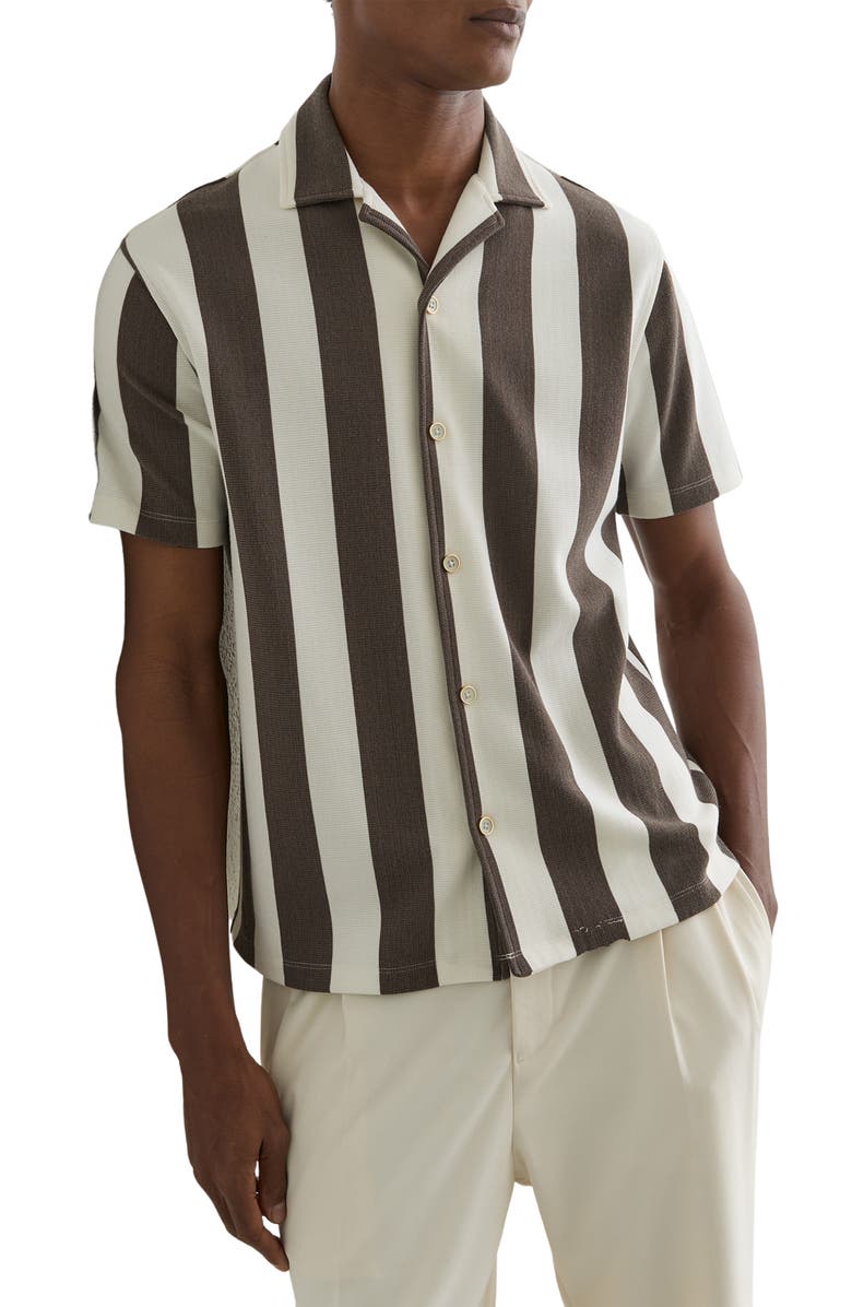 Reiss Dexter Stripe Camp Shirt, Main, color, Brown/ Off White