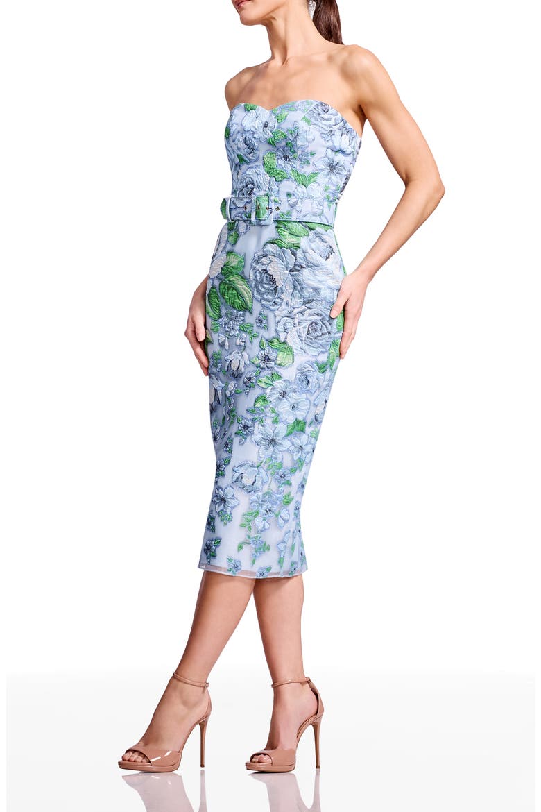Shailene Belted Embroidered Floral Strapless Midi Cocktail Dress, Alternate, color, SKY MULTI