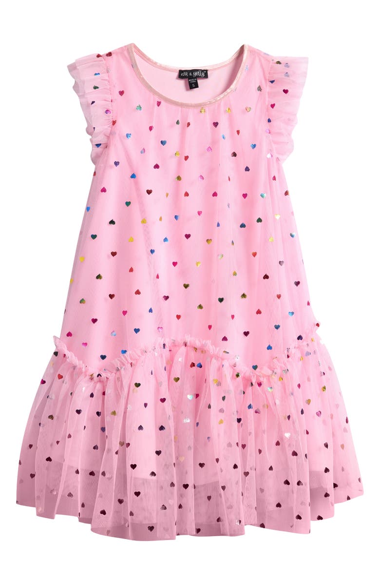 Ava & Yelly Kids' Foil Heart Mesh Trapeze Party Dress, Main, color, Pink