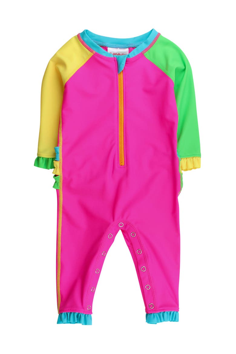 UPF50+ Sun Protected Full Length Long Sleeve Rash Guard One Piece Swimsuit, with Signature Rear Ruffles, Main, color, Neon Color Block