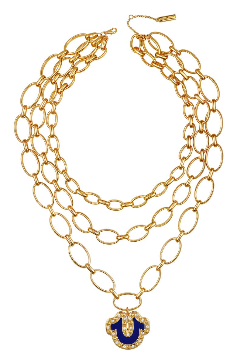 True Religion Layered chain necklace with horsehoe pendant, Main, color, Goldtone