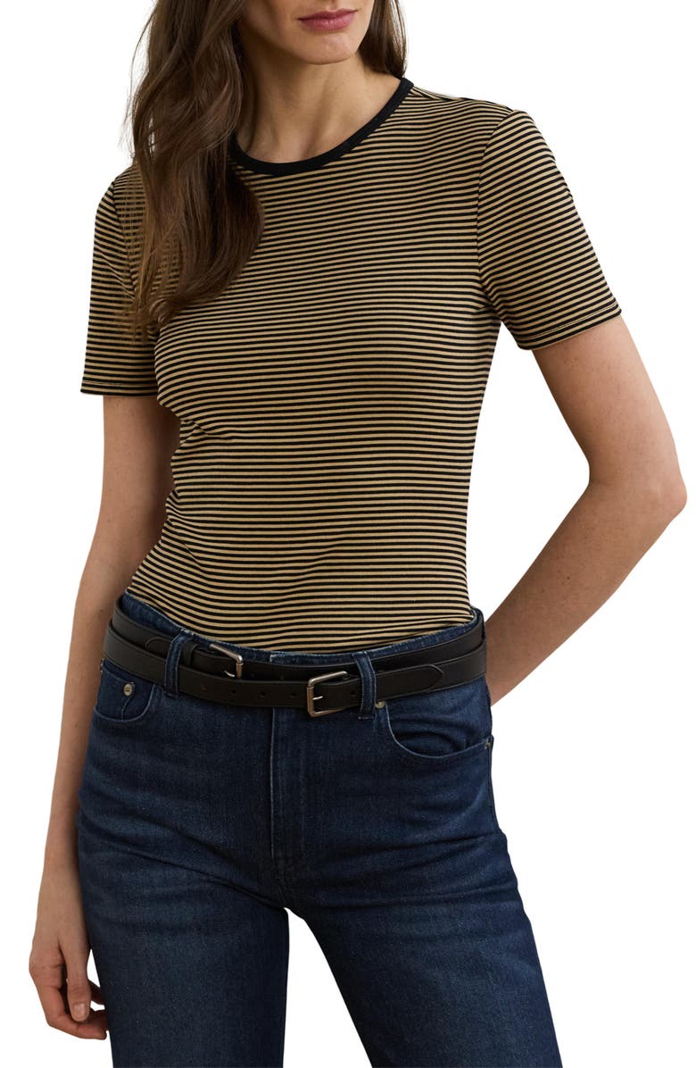 Lauren Ralph Lauren Stripe Cotton Ringer T-Shirt, Main, color, Black/ Birch Tan