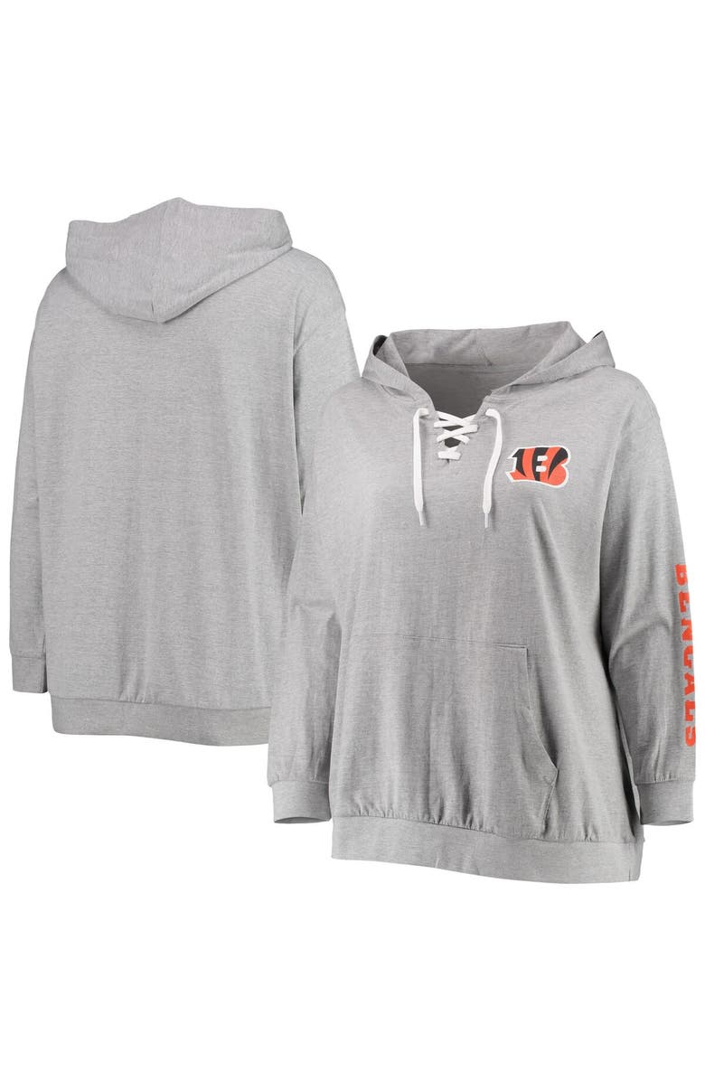 FANATICS Women's Fanatics Branded Heathered Gray Cincinnati Bengals Plus Size Lace-Up Pullover Hoodie, Main, color, 