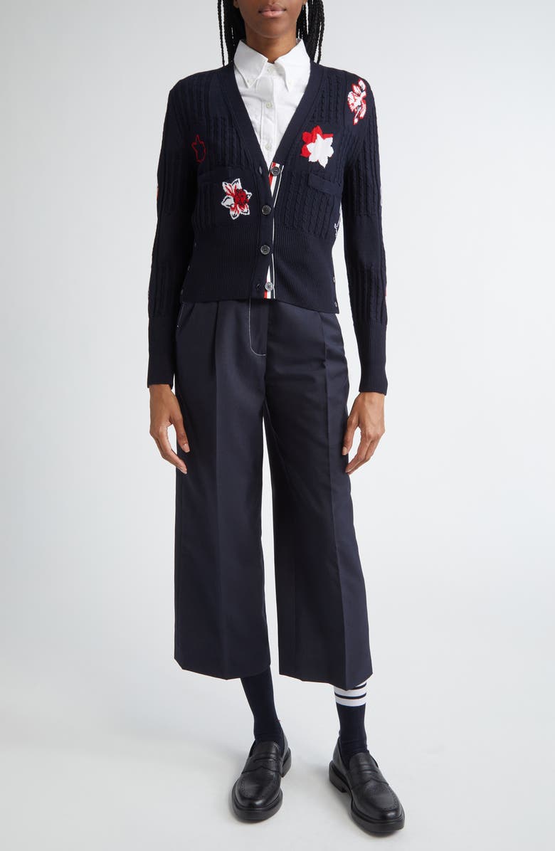 Thom Browne Hector Floral Cable Knit Virgin Wool Cardigan, Alternate, color, 