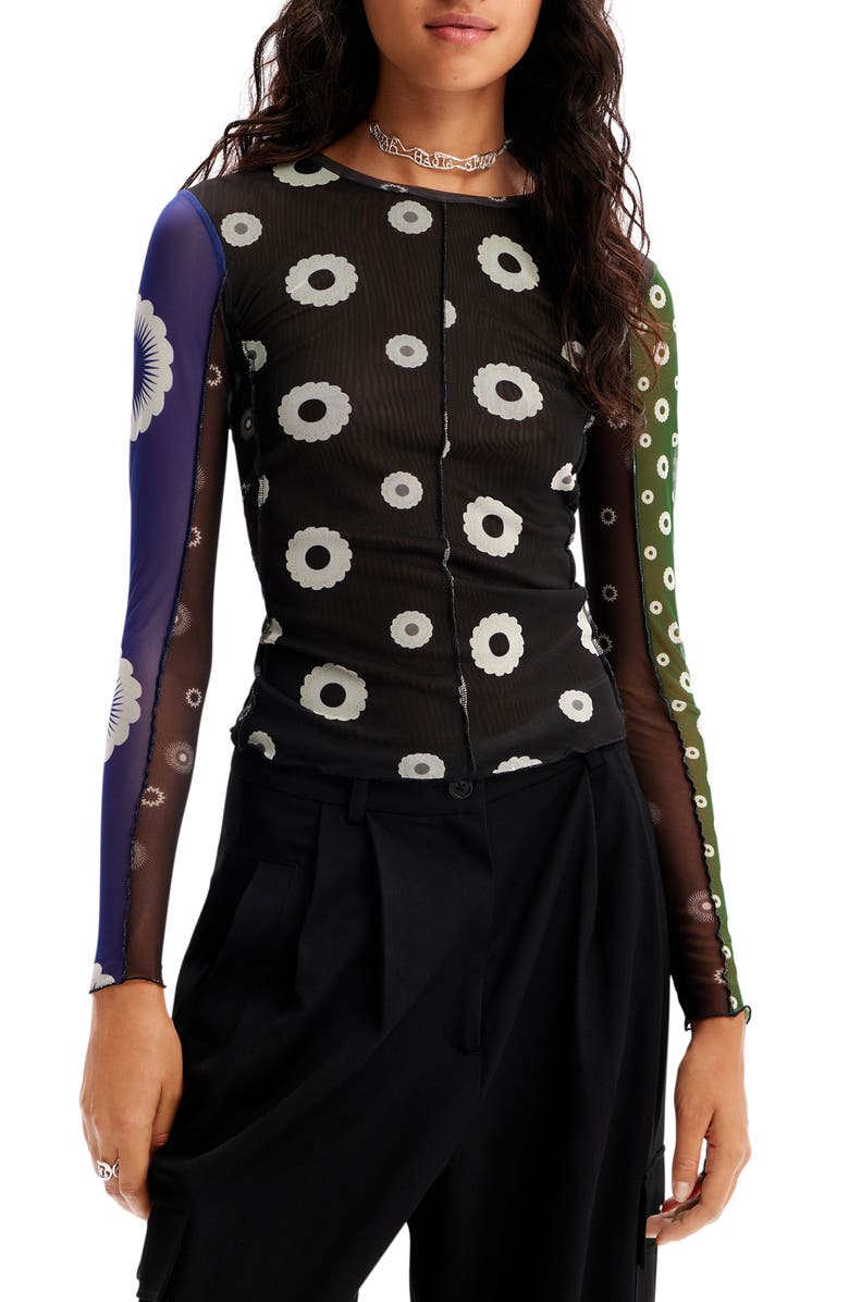 Desigual Mixed Print Colorblock Mesh Top, Main, color, 