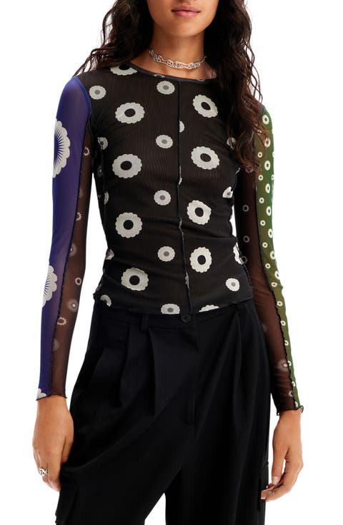 Mixed Print Colorblock Mesh Top