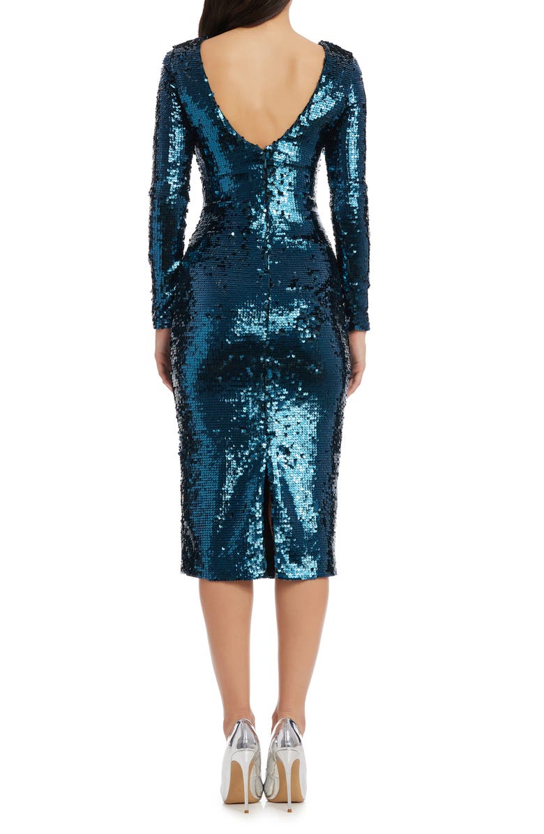 Dress the Population Emery Long Sleeve Sequin Cocktail Midi Dress, Alternate, color, Deep Teal