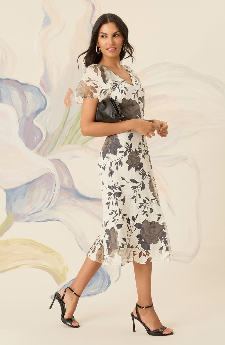 Maggy London Illusion Floral Puff Sleeve Midi Dress, Alternate, color, Gray/ Ivory