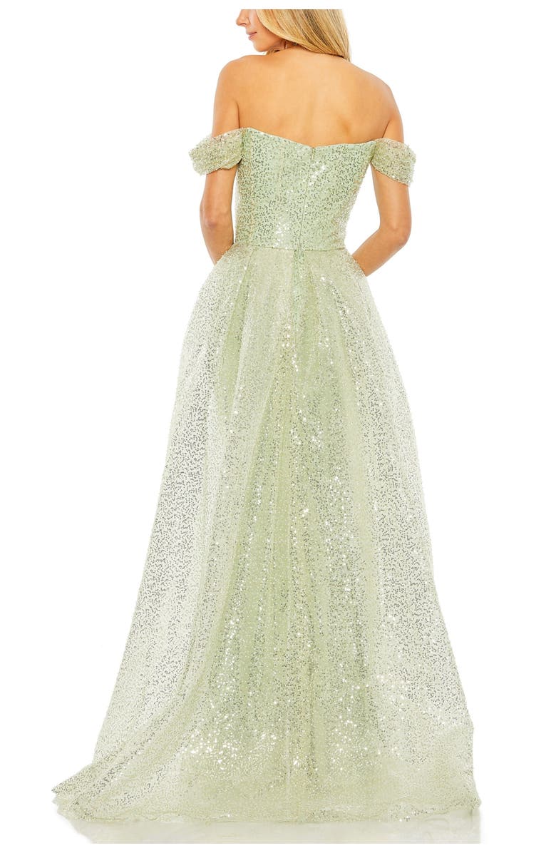 Mac Duggal Off the Shoulder Sequin Panel Train Gown, Alternate, color, Sage