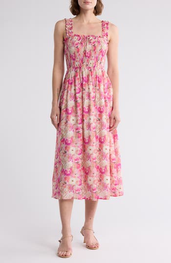 Lush Smocked Midi Sundress In Pink