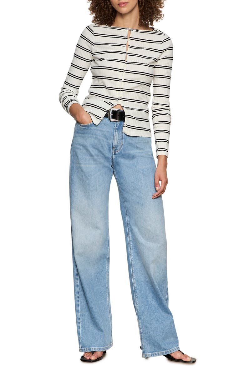 Sanctuary Stripe Button Front Long Sleeve Rib Top, Alternate, color, Chalk White/ Black Stripe