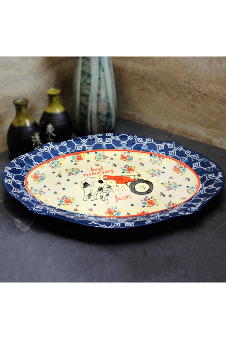 18.5 Inch Oval Ceramic Serving Platter in Floral Farm, Alternate, color, Red