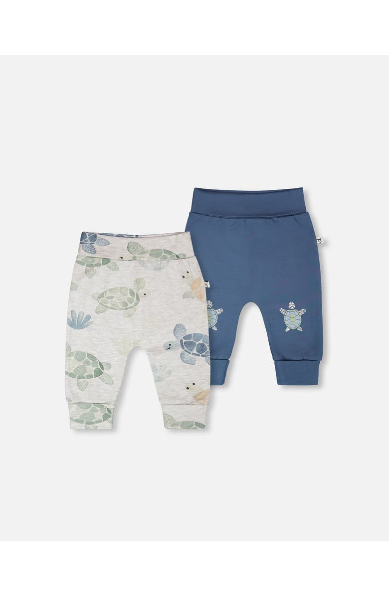 Deux par Deux 2 Pack Organic Cotton Jersey Evolutive Tutle Print Pants, Main, color, Medium Blue
