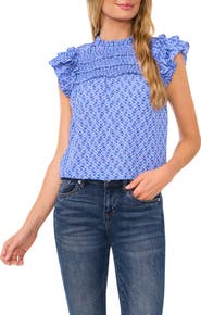 CeCe Geo Print Smocked Flutter Sleeve Top