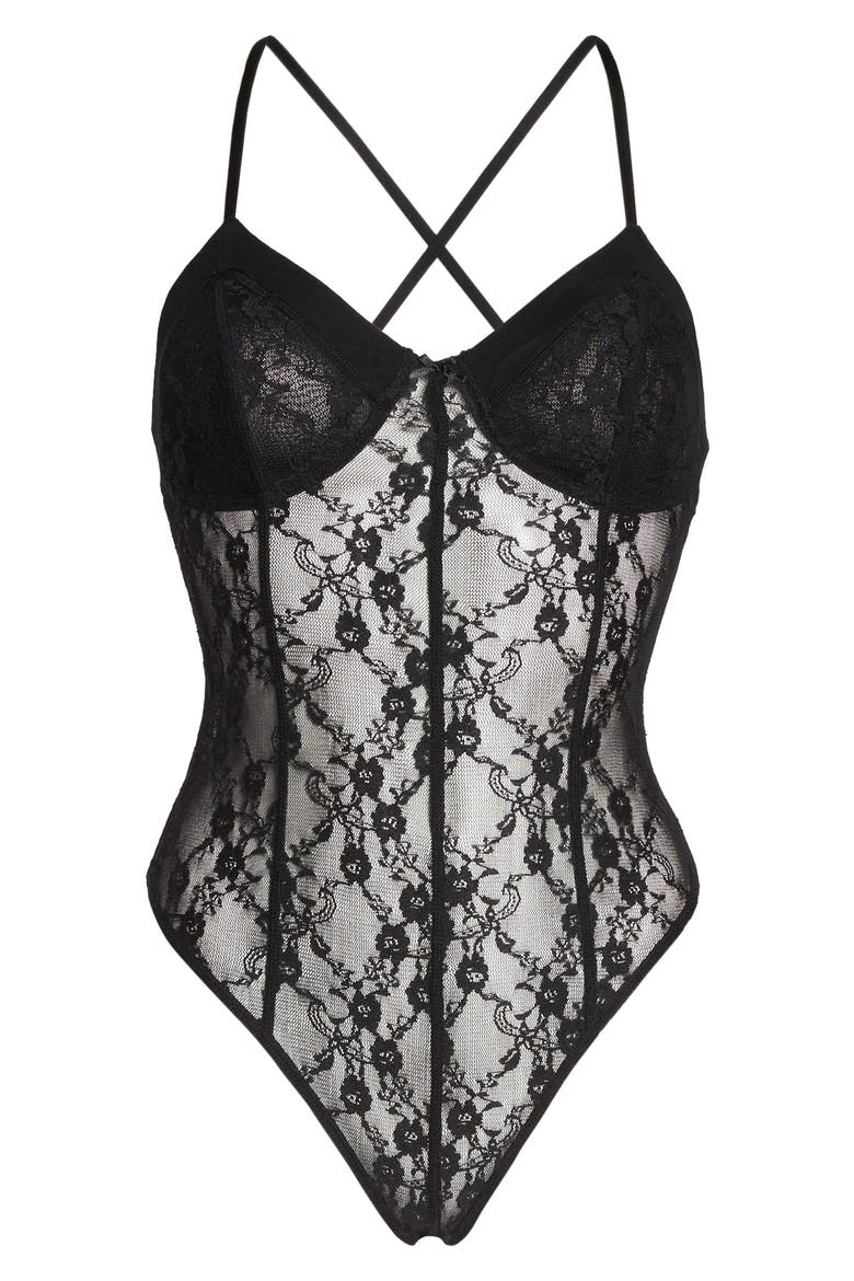 Intimately FP Runaway Lace Thong Bodysuit, Alternate, color, BLACK