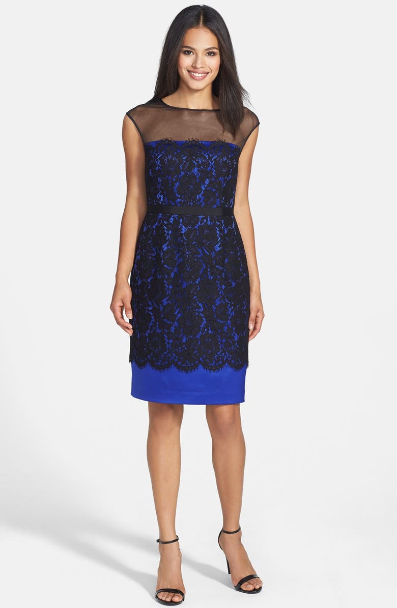 Eliza J Illusion Yoke Lace Overlay Sheath Dress, Alternate, color, 