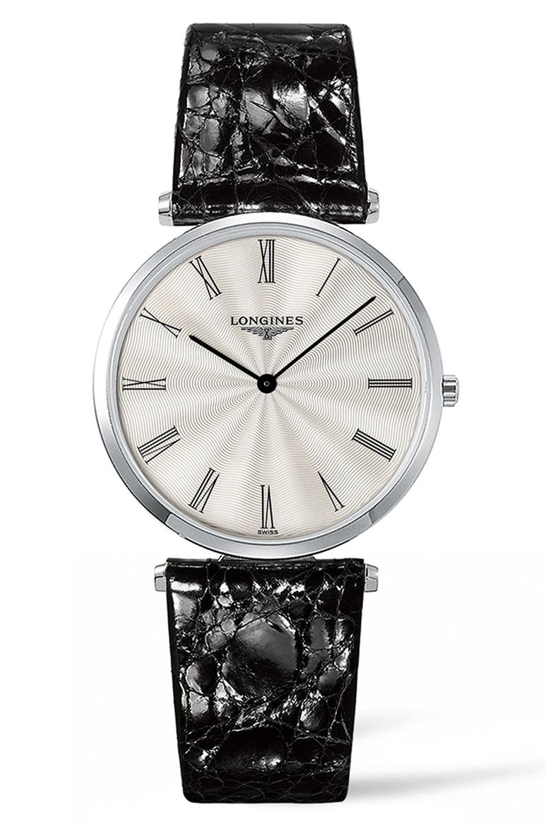 La Grande Classique de Longines Alligator Leather Strap Watch, 34mm, Main, color, BLACK/ SILVER