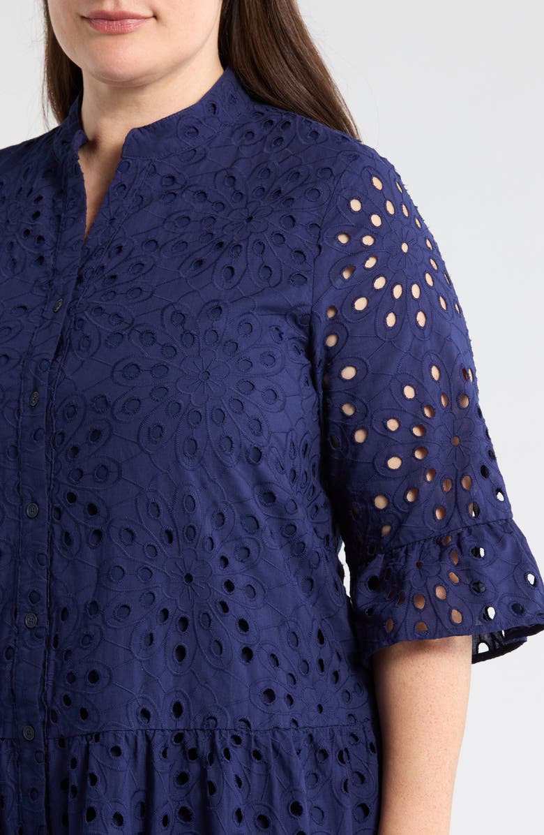 Anne Klein Eyelet Embroidered Tiered Cotton Dress, Alternate, color, Distant Mountain