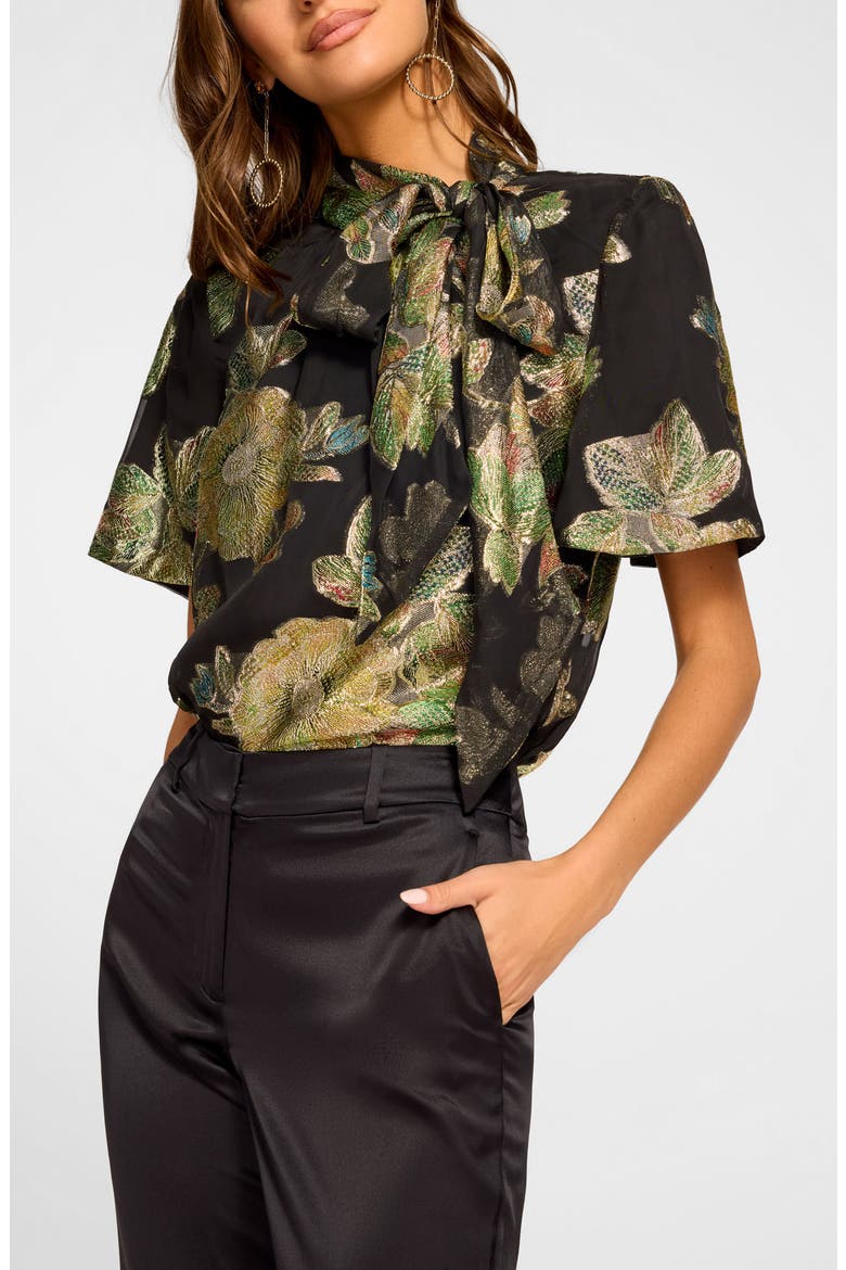 Balinda Floral Metallic Tie Neck Top, Alternate, color, BLACK METALLIC FLORAL