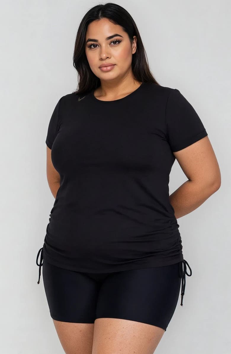 Calypsa Plus Size Short Sleeve Adele Swim Top and Black Mid-Thigh Swim Shorts Set, Alternate, color, 