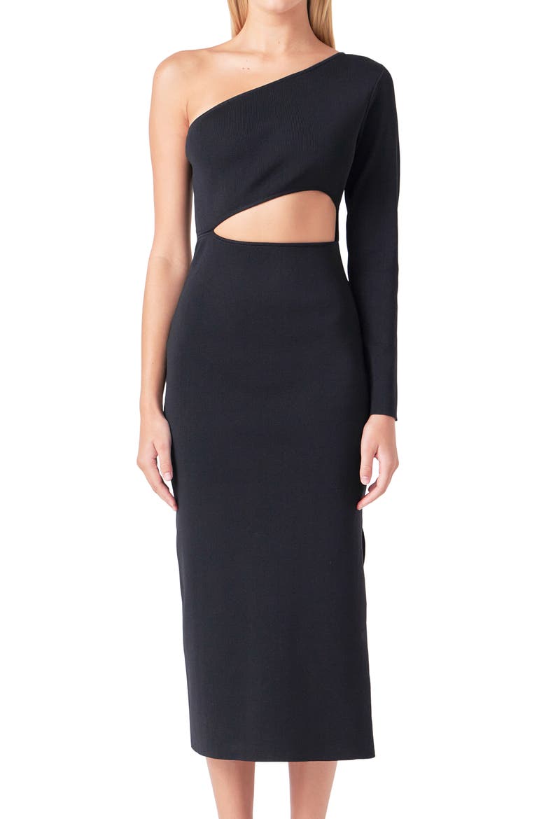 One-Shoulder Cutout Knit Midi Dress, Alternate, color, BLACK