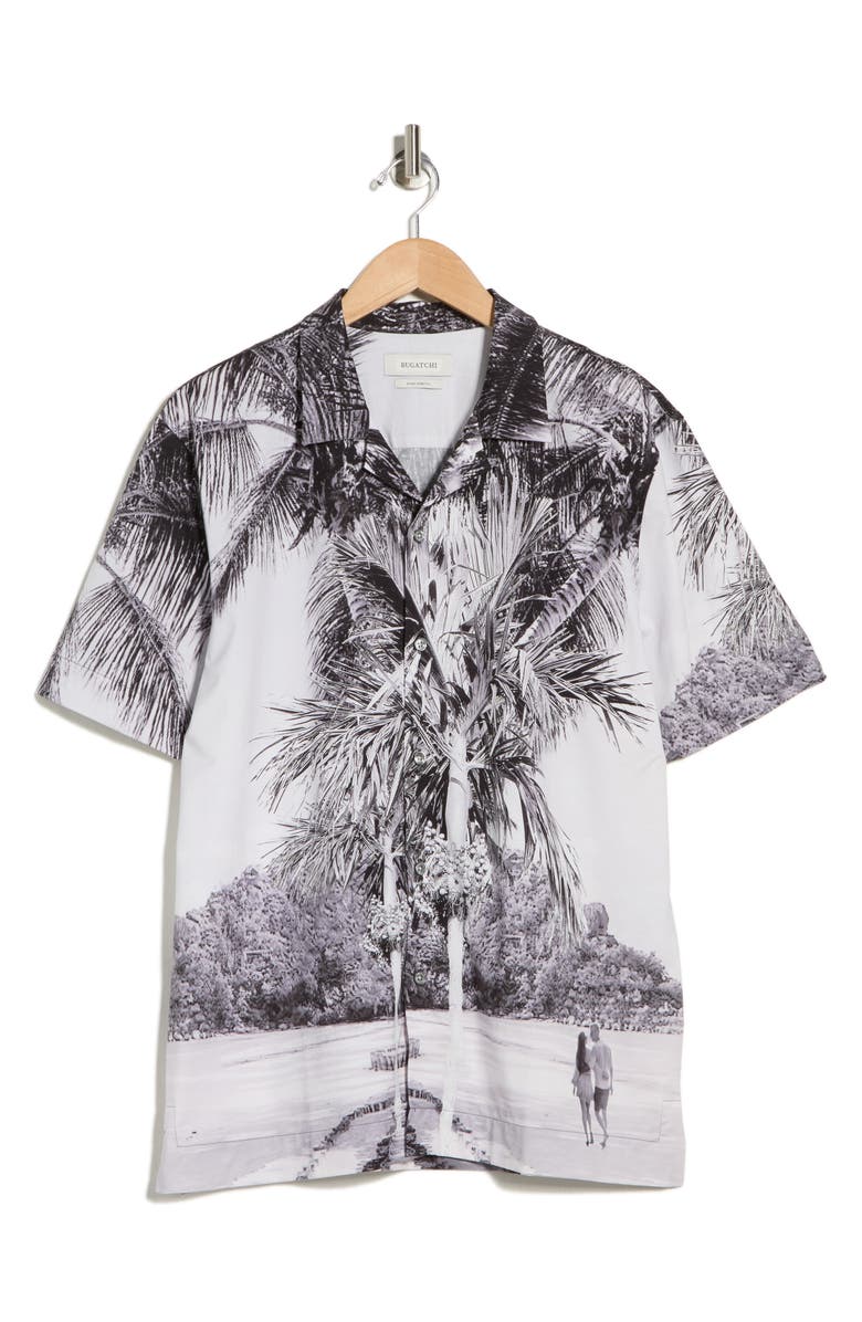 Bugatchi Cole OoohCotton<sup>®</sup> Woven Print Short Sleeve Button-Up Shirt, Alternate, color, Platinum