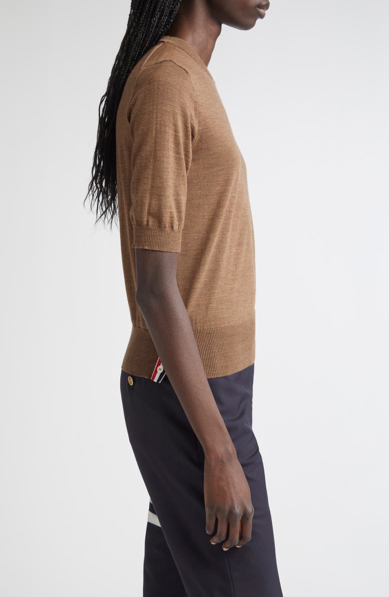 Thom Browne 4-Bar Short Sleeve Wool Blend Sweater, Alternate, color, Walnut