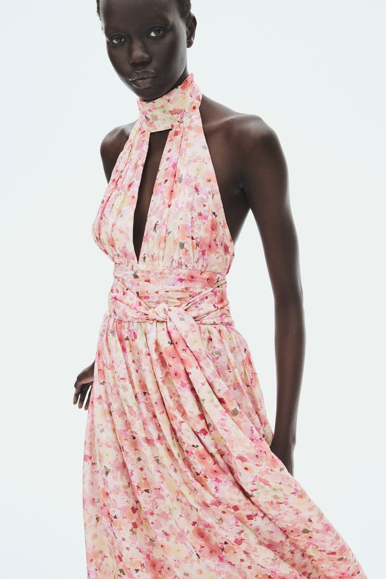 Tie-detail Halterneck Dress, Alternate, color, Peach pink/floral