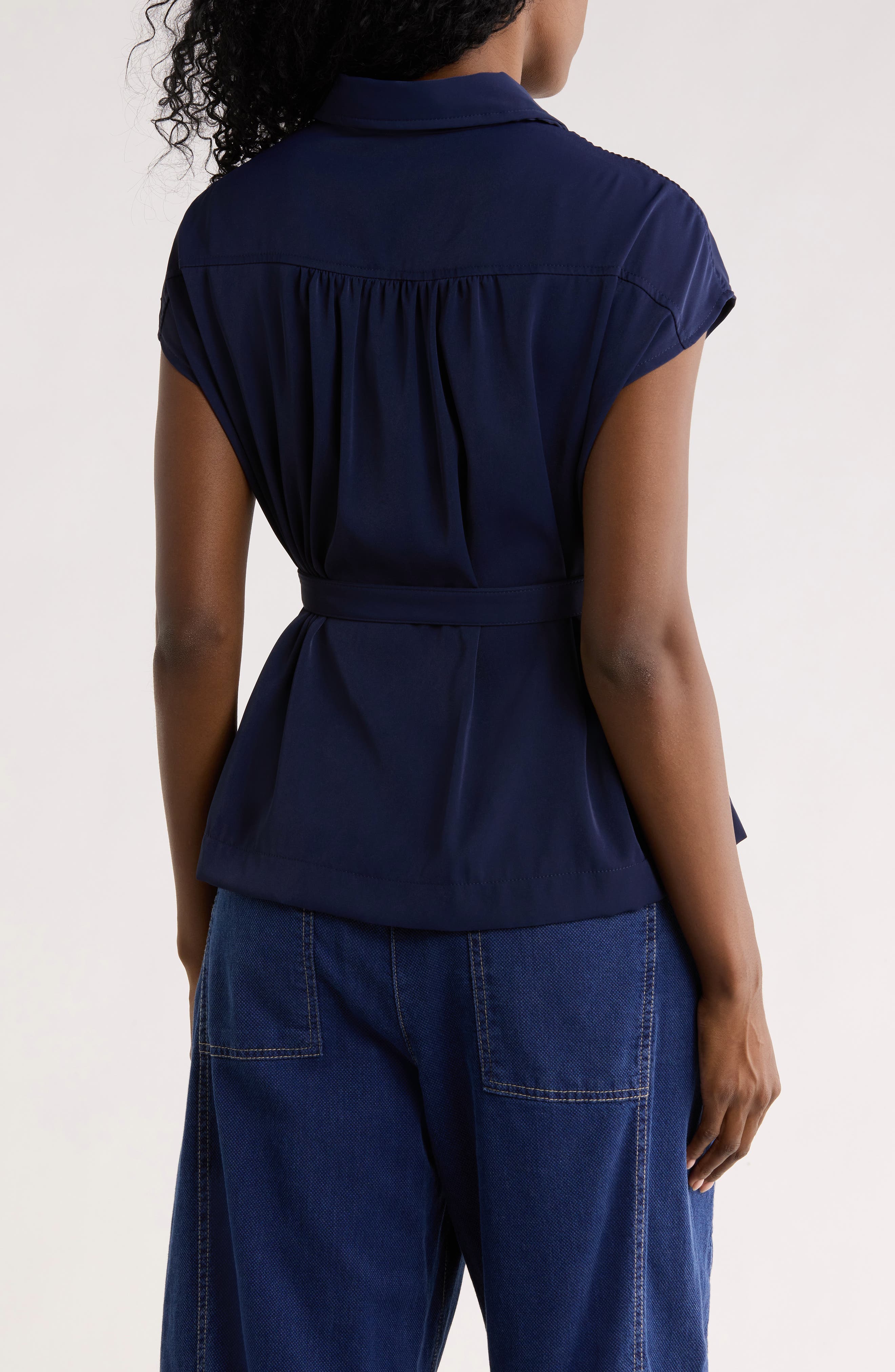 Belted Cap Sleeve Button-Up Shirt - image 2