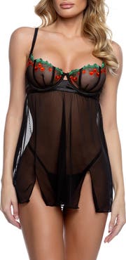 Roma Confidential Cherry Delight Embroidered Mesh Babydoll & G-String Set