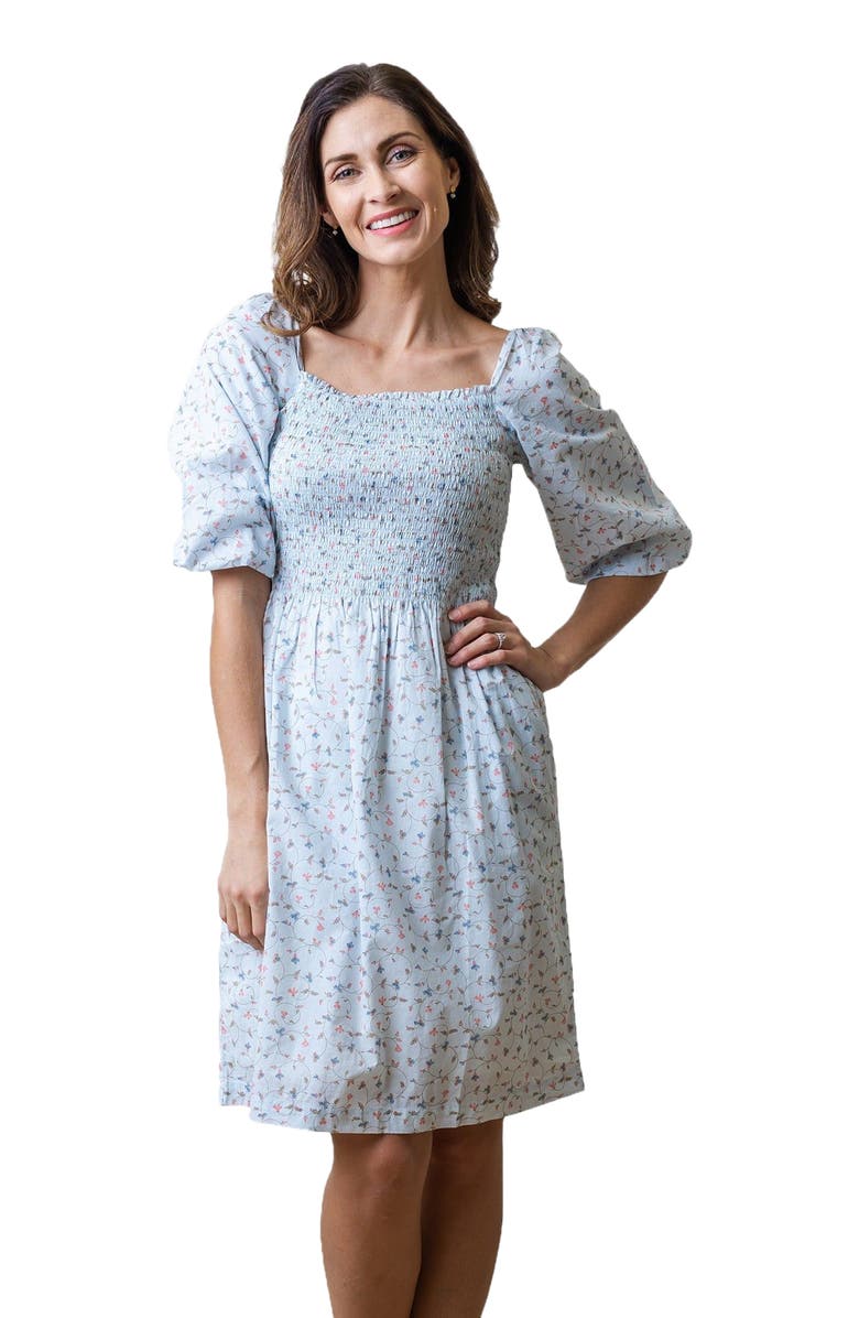 Hope & Henry Women's Organic Smocked Bubble Sleeve Dress, Main, color, Pale Blue Vintage Floral