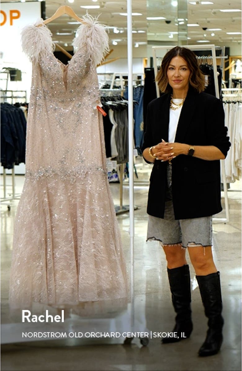 Beaded Feather Trim Off the Shoulder Mermaid Gown, sales video thumbnail