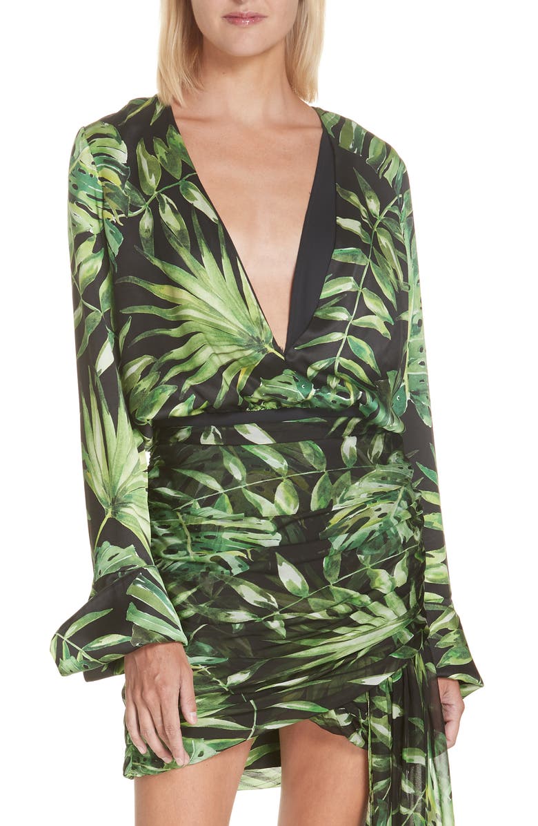 CAROLINE CONSTAS Daria Leaf Print Silk Bodysuit, Main, color,
