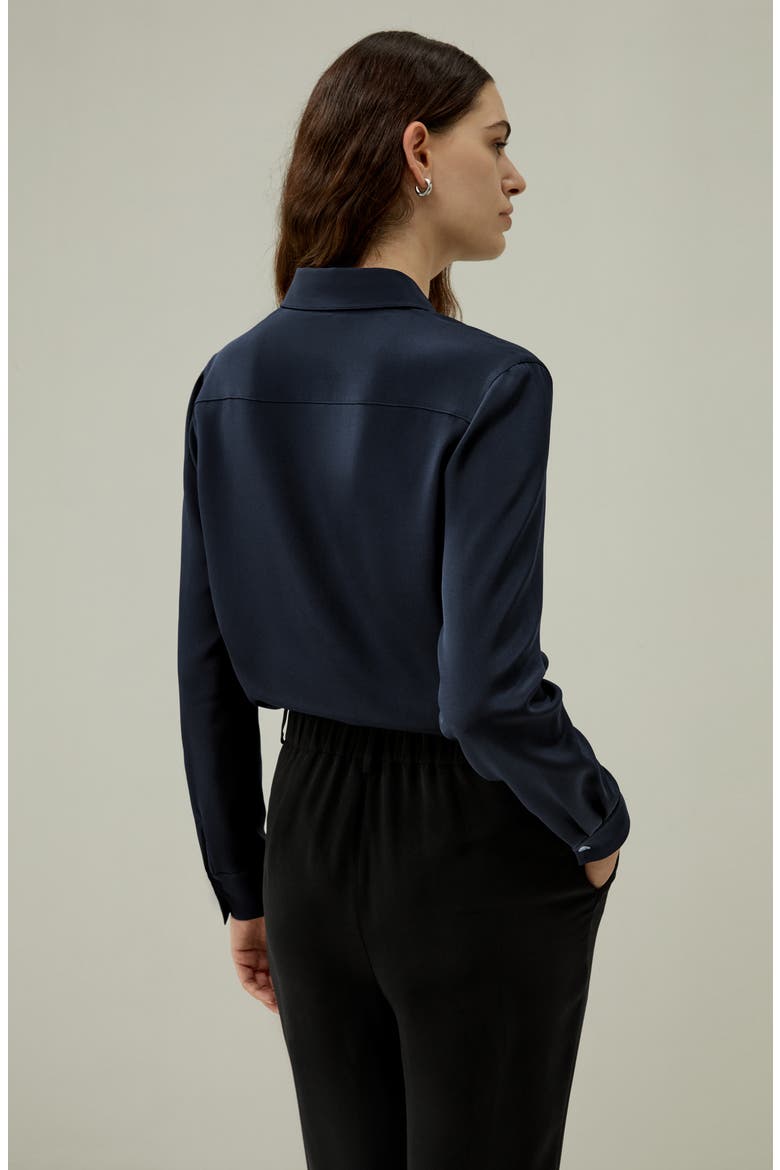Women's Graceful Button Up Silk Blouse, Alternate, color, Midnight Blue