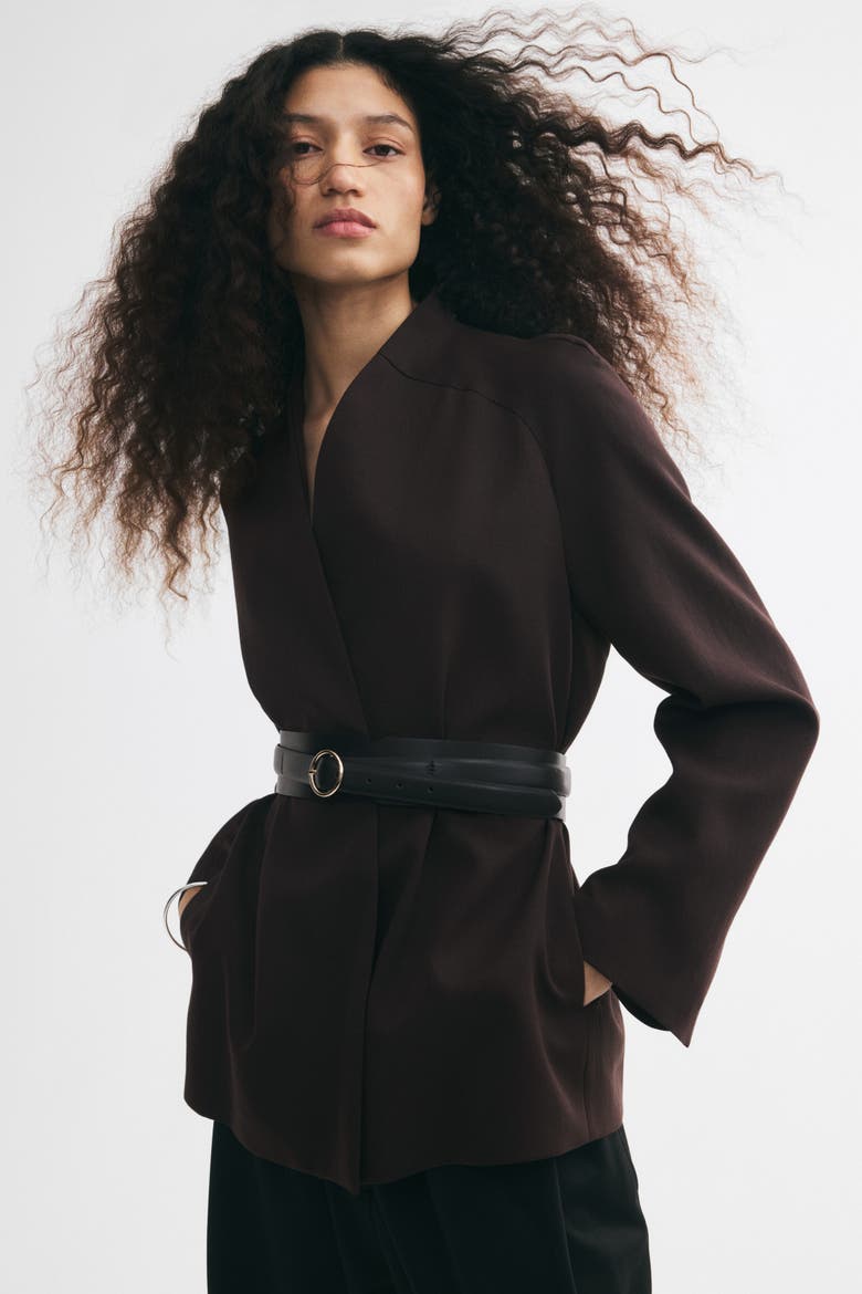 Belted Lapelless Jacket, Alternate, color, Dark brown